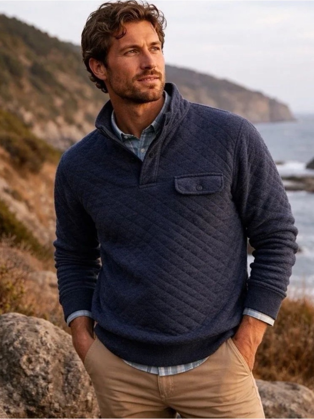 Faherty Men’s Epic Quilted Fleece Pullover Sweater Navy Blue Melange Size Medium